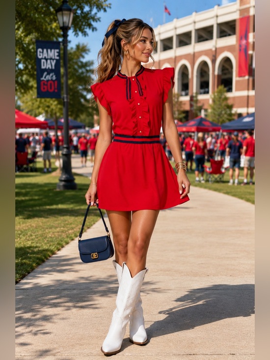 Dresses & Skirts - Red navy ruffle Mini Dress 2XL Preppy Collegiate Coquette college game day